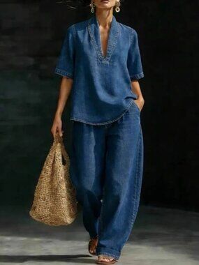 Blue Denim-Style Wide-Leg Two-Piece Set XXL